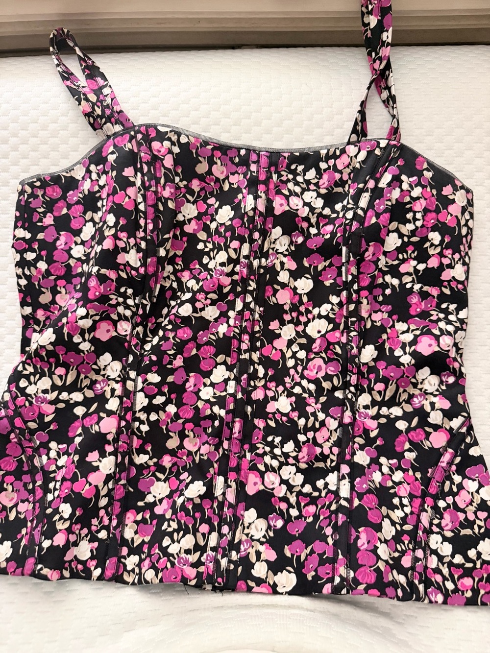 White House Black Market Black Floral Bustier Top with Pink & White Accents